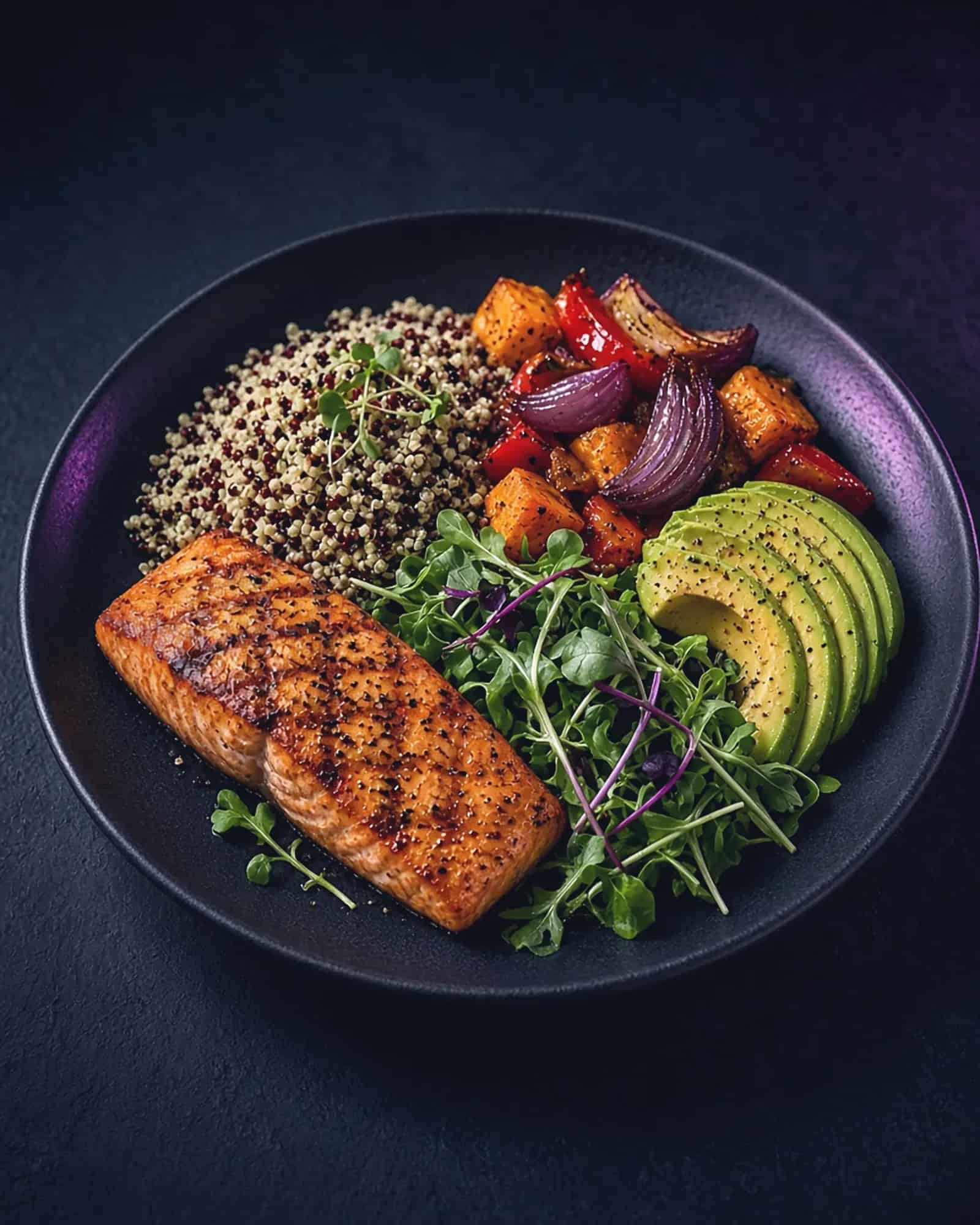 Salmon, quinoa, avocado and roast vegetables in a dark bowl