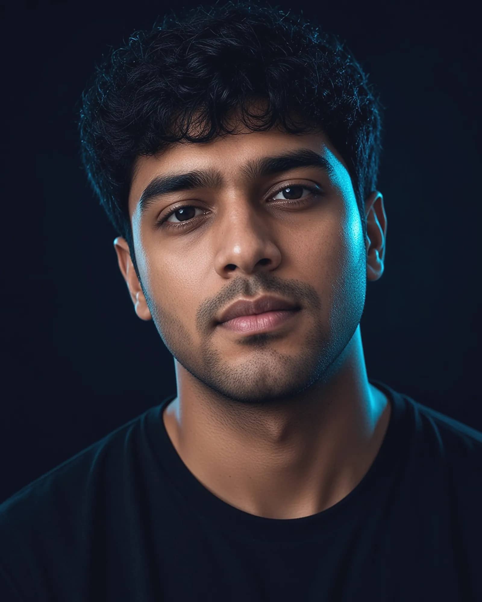 Portrait of a man in soft cyan light