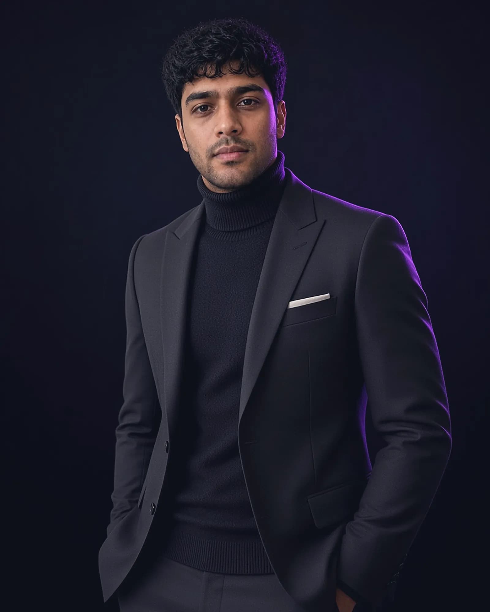 Man in a black suit and turtleneck