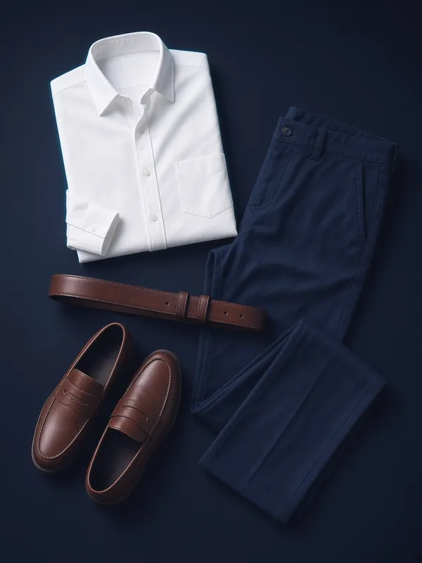White shirt, navy trousers and brown loafers