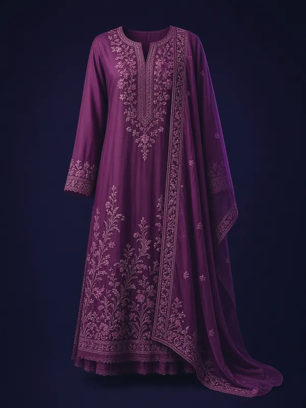 Plum embroidered kurta with dupatta